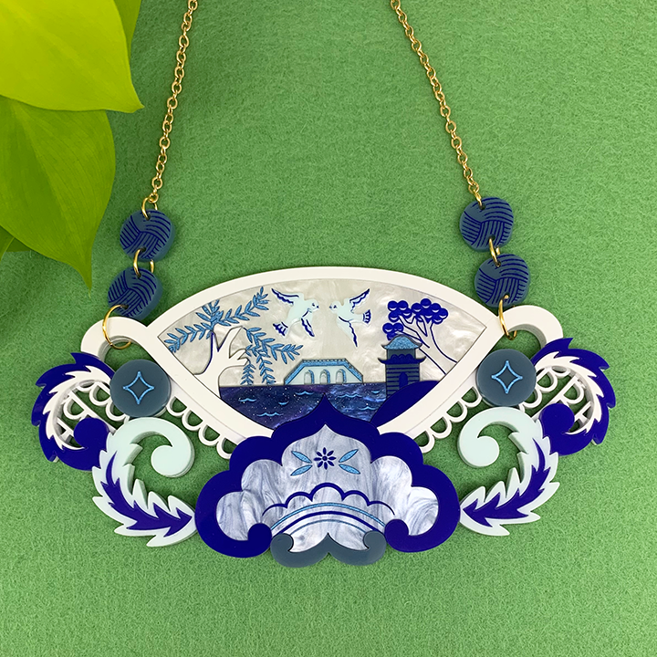 PRE ORDER BLUE WILLOW DIORAMA ACRYLIC NECKLACE
