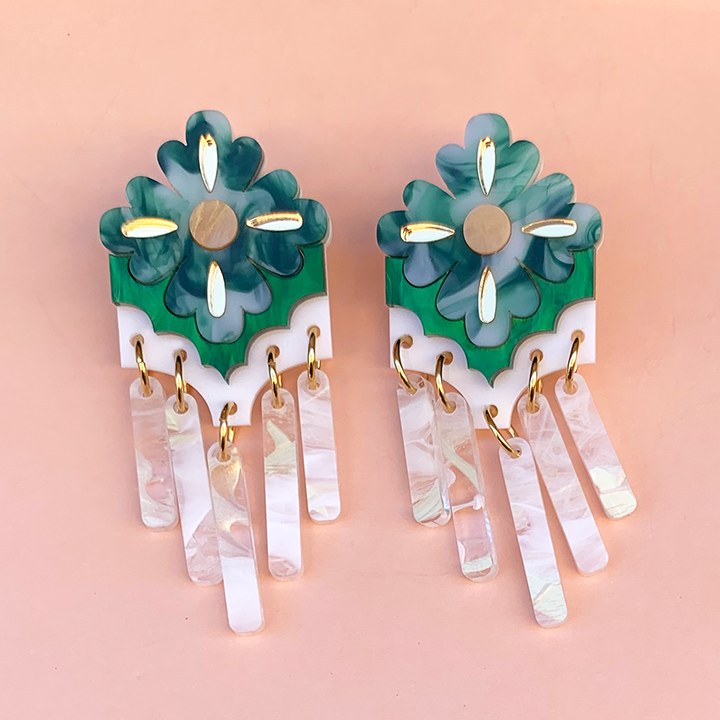 BOHEME TASSEL STUD GREEN ACRYLIC EARRINGS