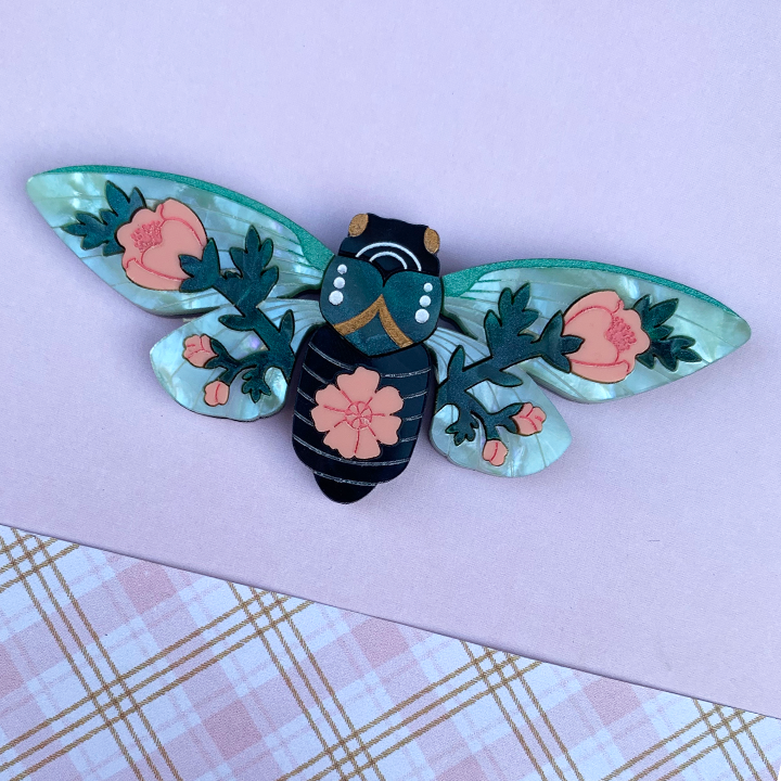 CICADA IN BLOOM ACRYLIC BROOCH