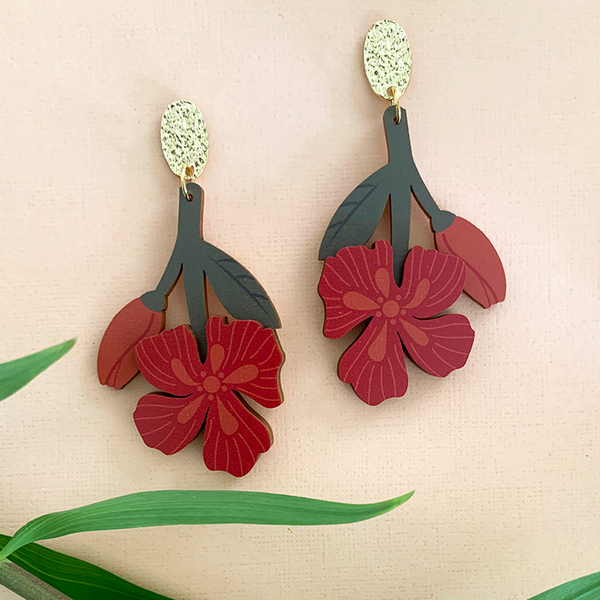 CRIMSON BLOOM WOODEN EARRINGS