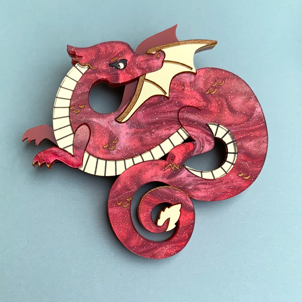 YEAR OF THE DRAGON SHIMMER RED ACRYLIC BROOCH