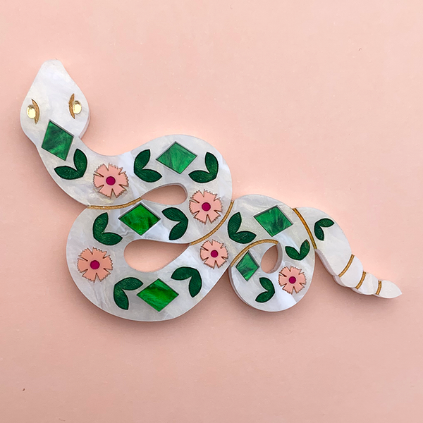 FLORAL RATTLESNAKE WHITE ACRYLIC BROOCH