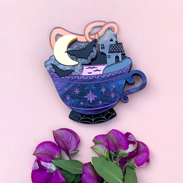 STORM IN A HAUNTED TEACUP ACRYLIC BROOCH
