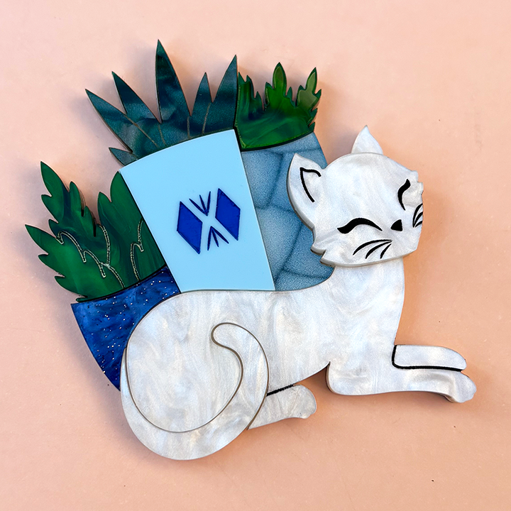 MOONLIGHT KITTY PLANTER BLUE ACRYLIC BROOCH