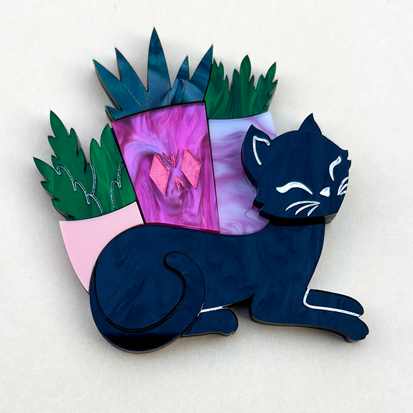 MIDNIGHT KITTY PLANTER PINK ACRYLIC BROOCH