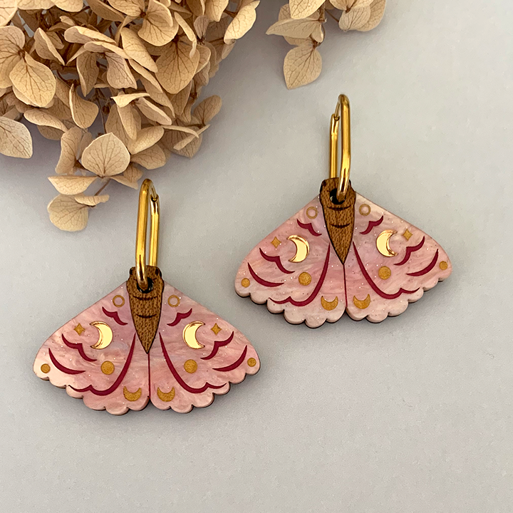 MOONSHINE MOTHS PINK ACRYLIC HOOP EARRINGS