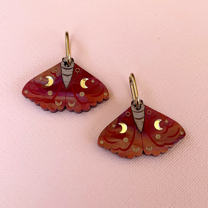 MOONSHINE MOTHS DEEP RED ACRYLIC HOOP EARRINGS