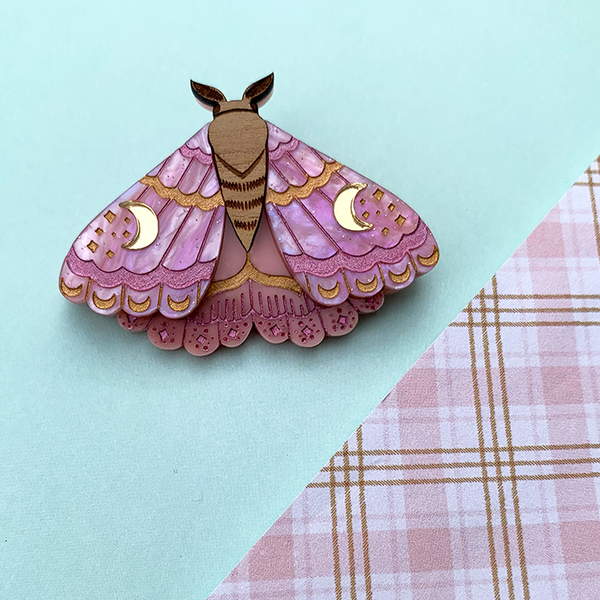 PINK WITCH MOTH ACRYLIC MINI BROOCH