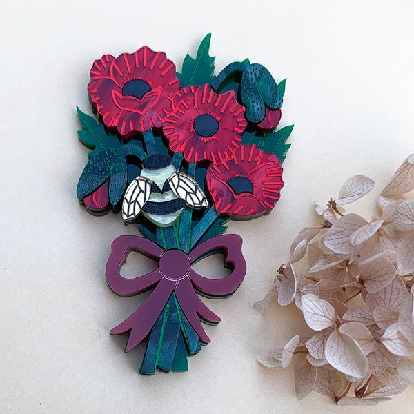 POPPY BOUQUET DEEP RED ACRYLIC BROOCH