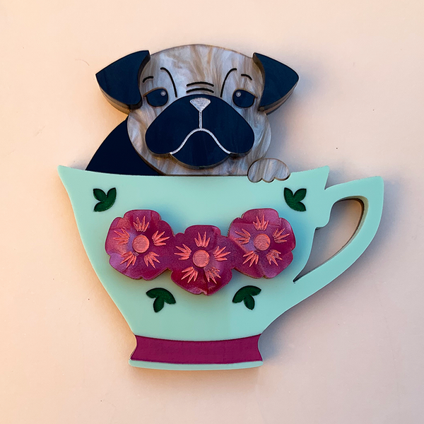 PUG CUP PERCY ACRYLIC BROOCH