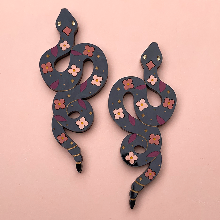 FLORAL RATTLESNAKE BLACK ACRYLIC STATEMENT EARRINGS