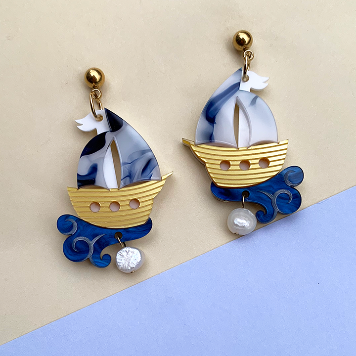 SAILING THROUGH THE STORM BLUE ACRYLIC EARRINGS