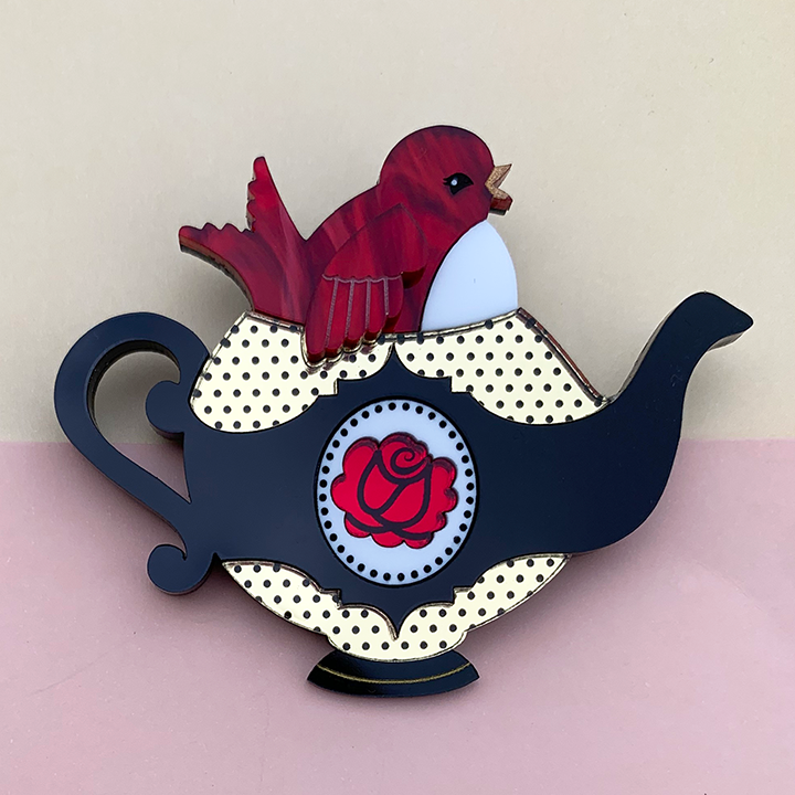 ROSIE ROBIN TEAPOT ACRYLIC BROOCH