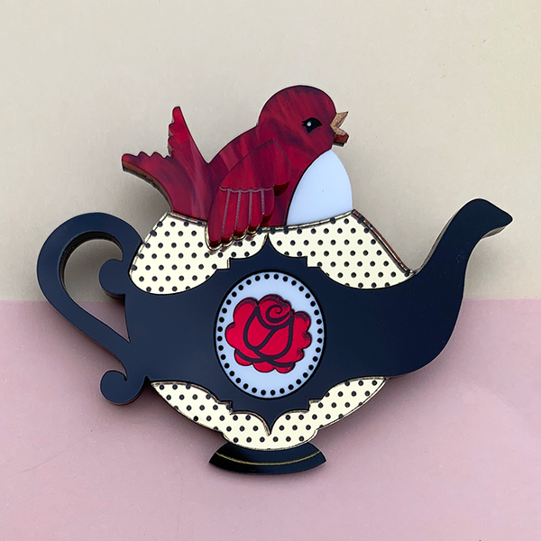 ROSIE ROBIN TEAPOT ACRYLIC BROOCH