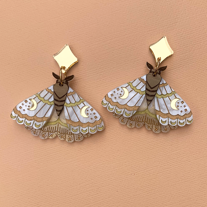 WHITE SNOW WITCH MOTH ACRYLIC EARRINGS