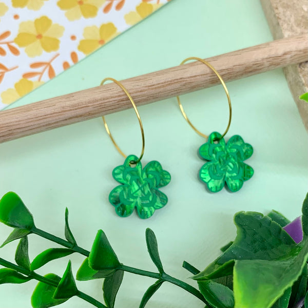 LUCKY CLOVER ACRYLIC HOOP EARRINGS