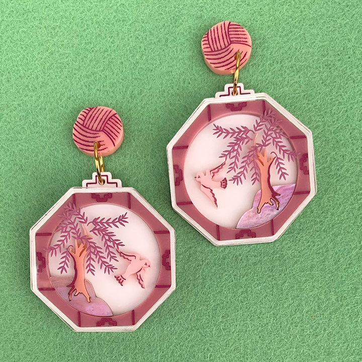 **SECONDS** PINK WILLOW DIORAMA ACRYLIC EARRINGS