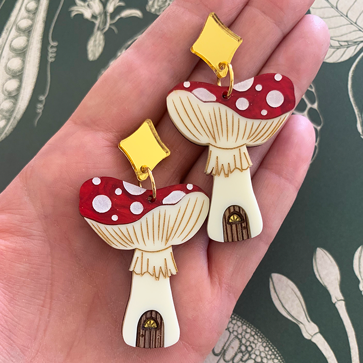 TINY TOADSTOOL COTTAGE ACRYLIC EARRINGS RED