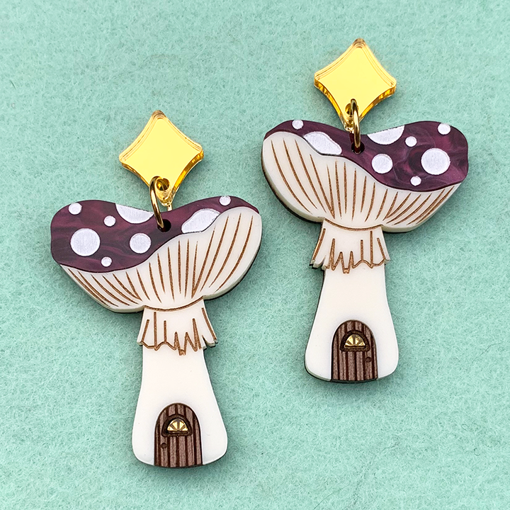 TINY TOADSTOOL COTTAGE ACRYLIC EARRINGS WINE