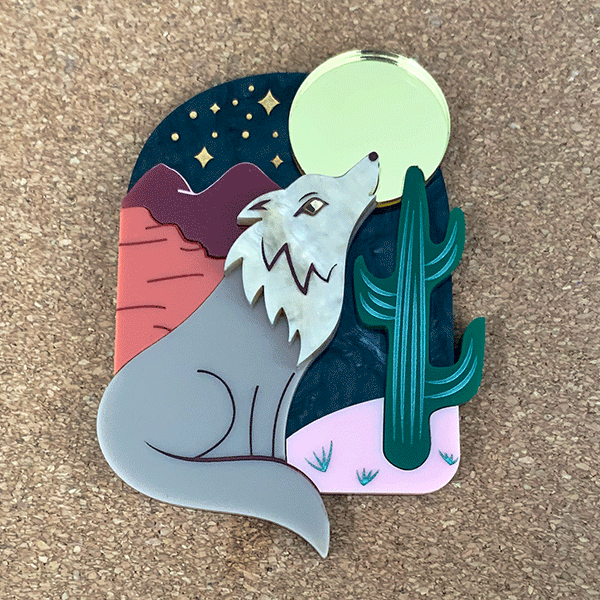 COYOTE CALLING THE MOON ACRYLIC BROOCH